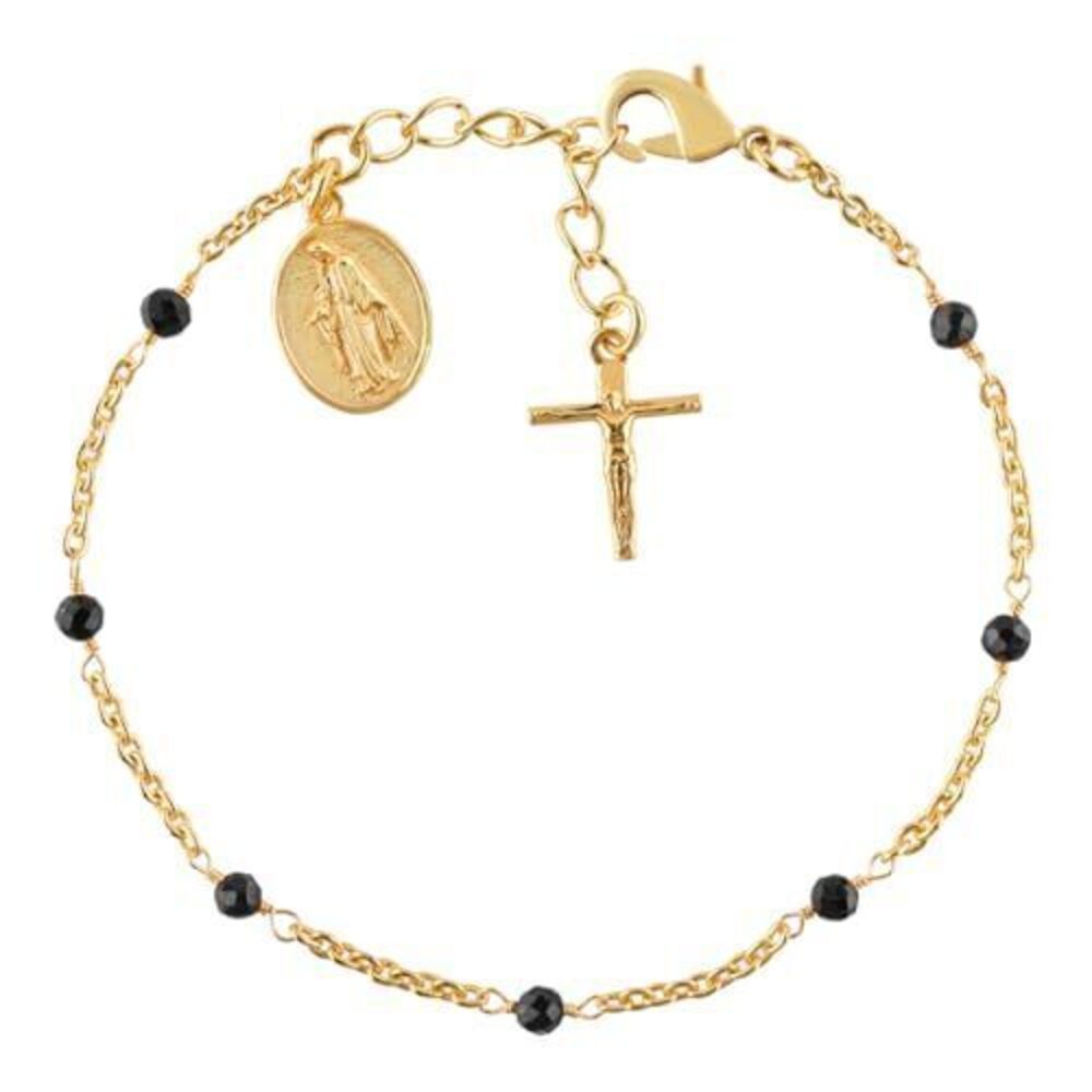 5487 Black Tourmaline Bracelet  18K Gold Plated Beaded 8 Inch Chain